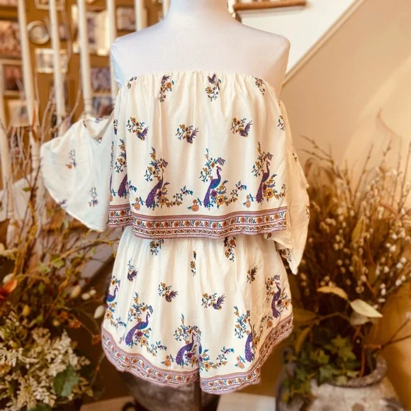 Forever 21 Peacock Print Flounce Romper White Size L - Picture 4 of 8